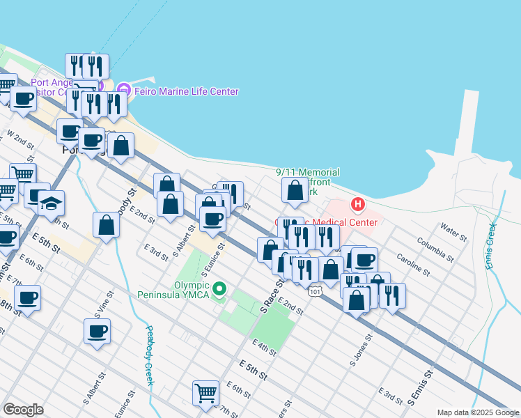 map of restaurants, bars, coffee shops, grocery stores, and more near 734 Georgiana Street in Port Angeles