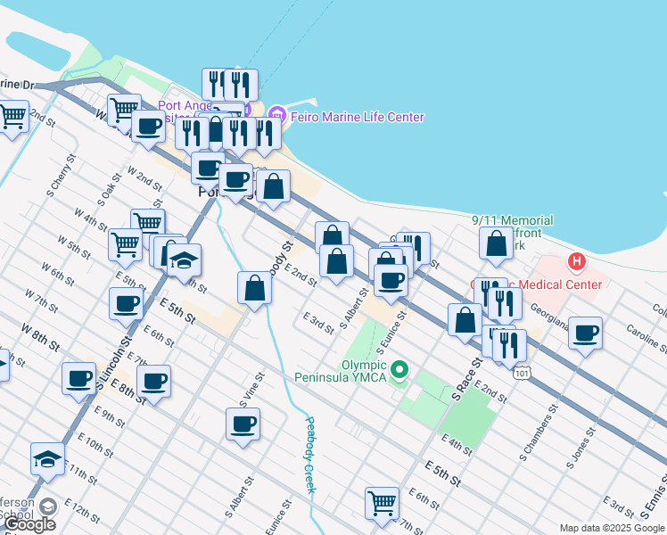 map of restaurants, bars, coffee shops, grocery stores, and more near 502 East 1st Street in Port Angeles