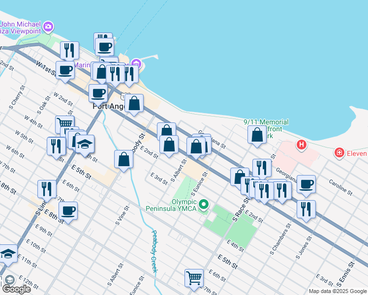 map of restaurants, bars, coffee shops, grocery stores, and more near 502 East 1st Street in Port Angeles