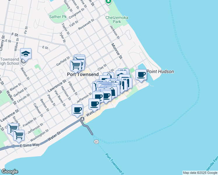 map of restaurants, bars, coffee shops, grocery stores, and more near 842 Washington Street in Port Townsend