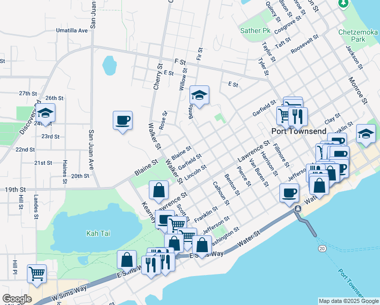 map of restaurants, bars, coffee shops, grocery stores, and more near 835 Calhoun Street in Port Townsend