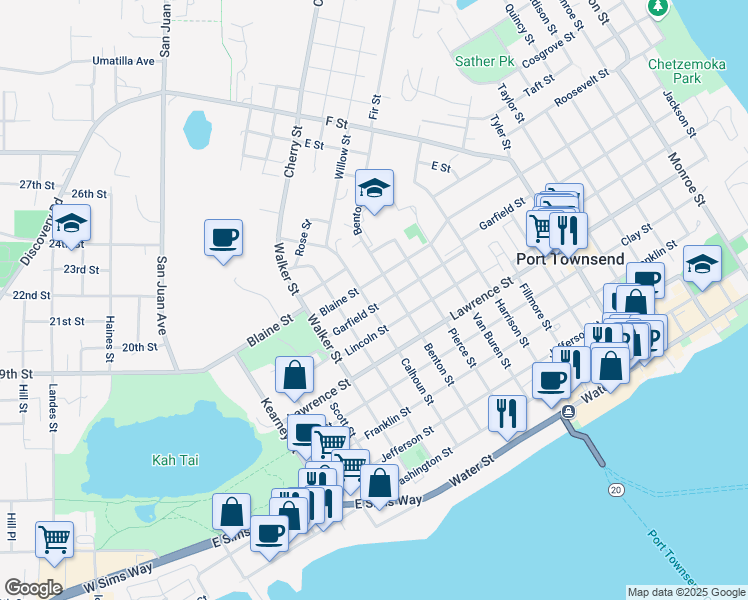 map of restaurants, bars, coffee shops, grocery stores, and more near 835 Calhoun Street in Port Townsend