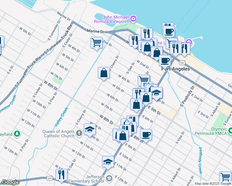 map of restaurants, bars, coffee shops, grocery stores, and more near 202 West 6th Street in Port Angeles
