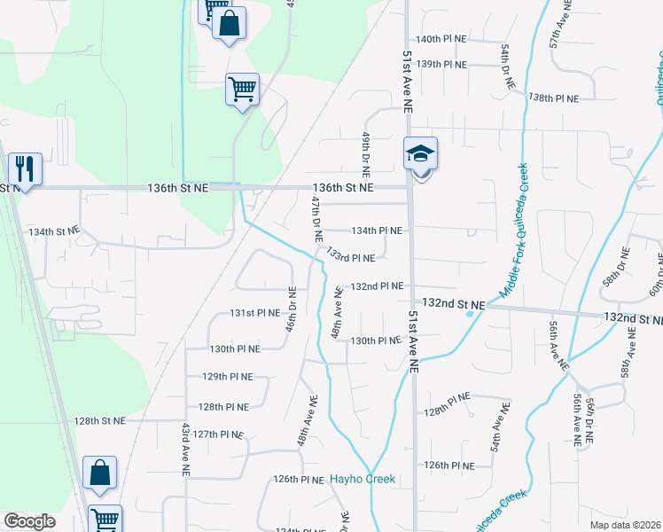 map of restaurants, bars, coffee shops, grocery stores, and more near 4813 132nd Place Northeast in Marysville