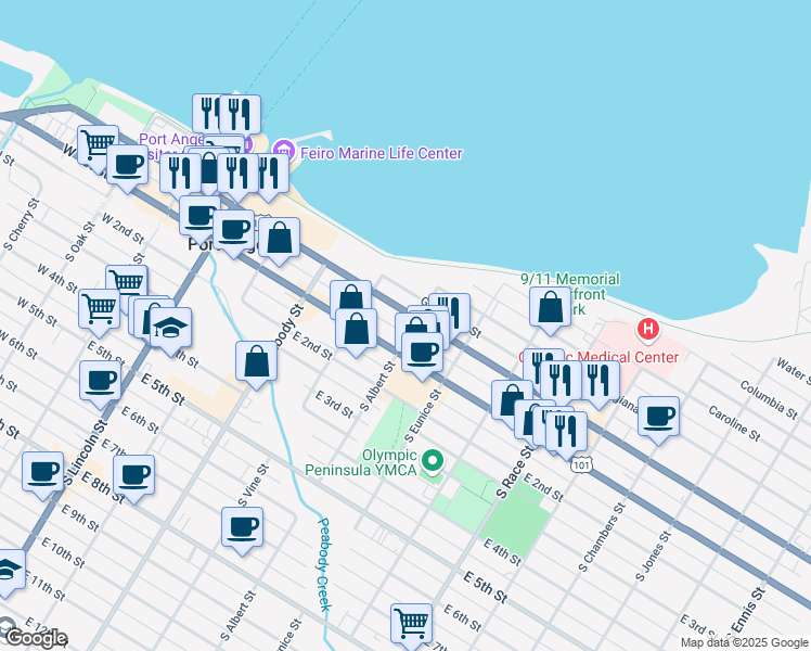 map of restaurants, bars, coffee shops, grocery stores, and more near 502 East 1st Street in Port Angeles