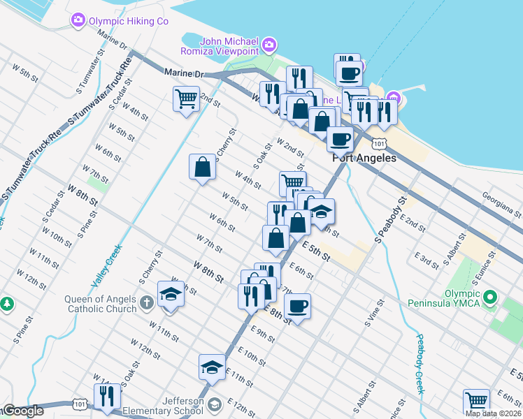 map of restaurants, bars, coffee shops, grocery stores, and more near 101 East 5th Street in Port Angeles