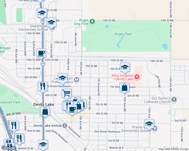 map of restaurants, bars, coffee shops, grocery stores, and more near 717 7th Avenue Northeast in Devils Lake