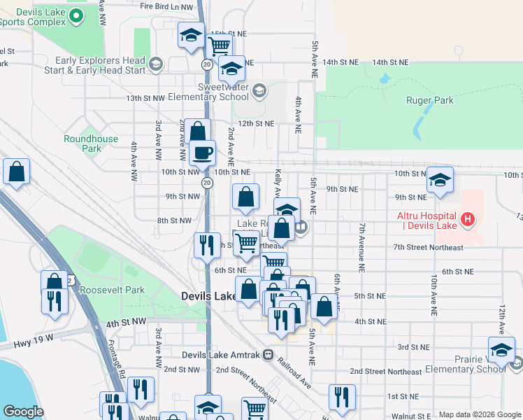 map of restaurants, bars, coffee shops, grocery stores, and more near 820 3rd Avenue in Devils Lake