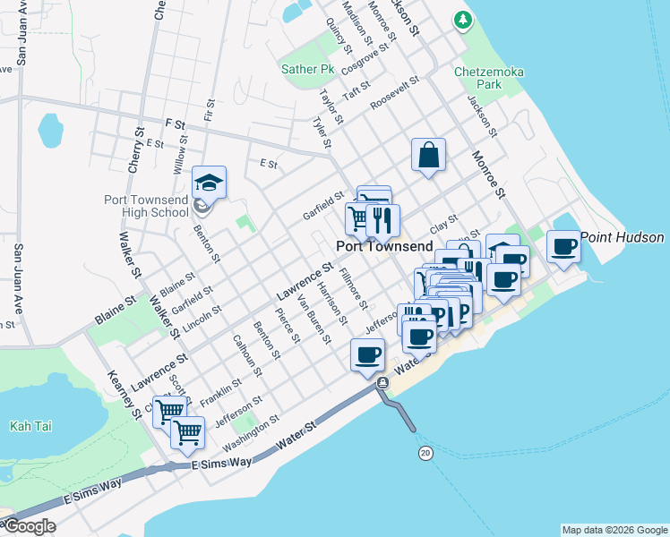 map of restaurants, bars, coffee shops, grocery stores, and more near 734 Fillmore Street in Port Townsend