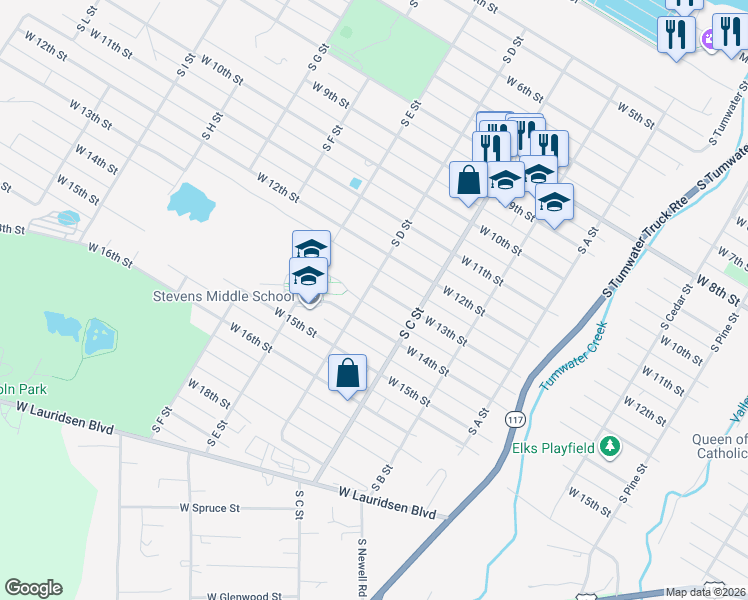 map of restaurants, bars, coffee shops, grocery stores, and more near 1036 West 13th Street in Port Angeles