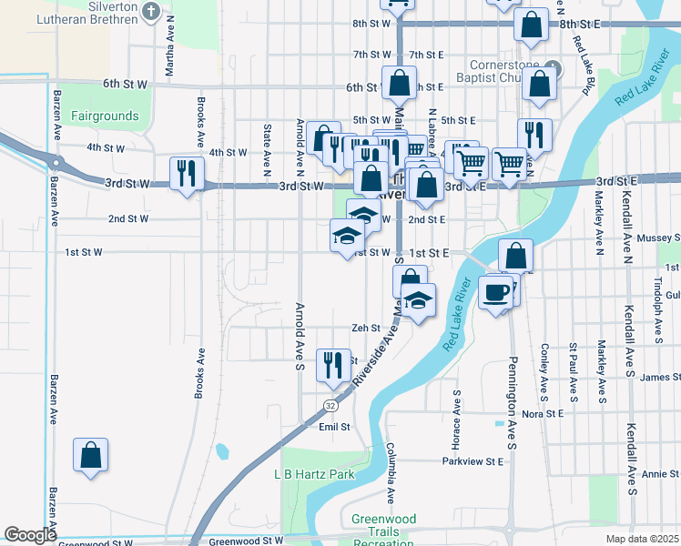 map of restaurants, bars, coffee shops, grocery stores, and more near 101 Knight Avenue South in Thief River Falls