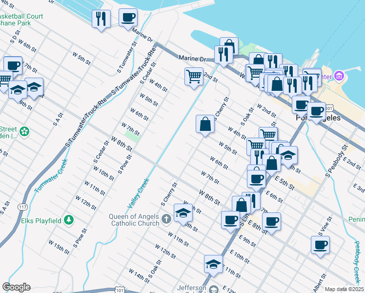 map of restaurants, bars, coffee shops, grocery stores, and more near 319 West 6th Street in Port Angeles