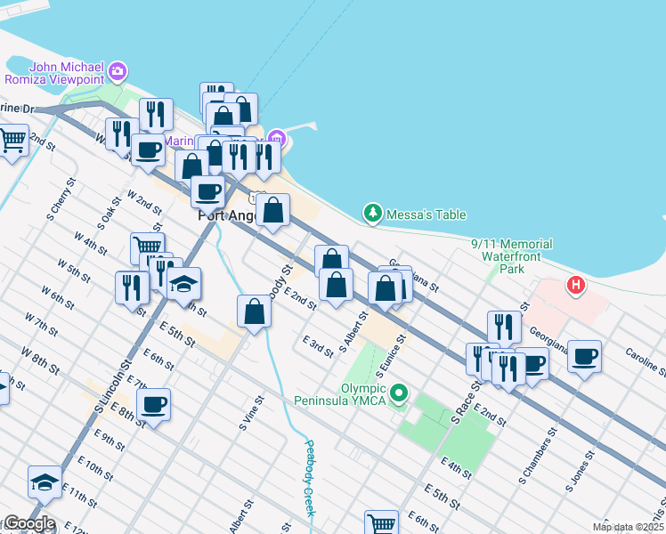 map of restaurants, bars, coffee shops, grocery stores, and more near 432 East Front Street in Port Angeles