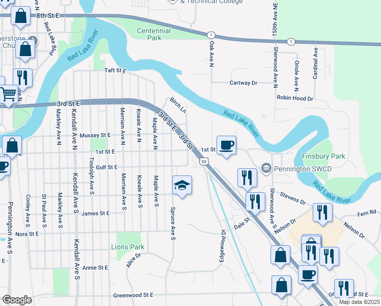 map of restaurants, bars, coffee shops, grocery stores, and more near 102 South Pine Avenue in Thief River Falls