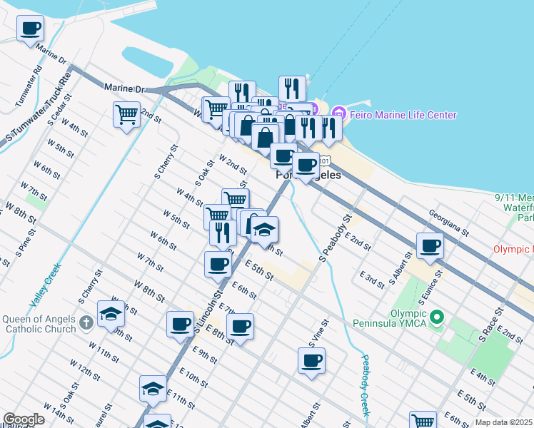 map of restaurants, bars, coffee shops, grocery stores, and more near 319 South Lincoln Street in Port Angeles
