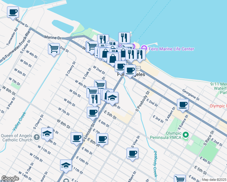 map of restaurants, bars, coffee shops, grocery stores, and more near 319 South Lincoln Street in Port Angeles