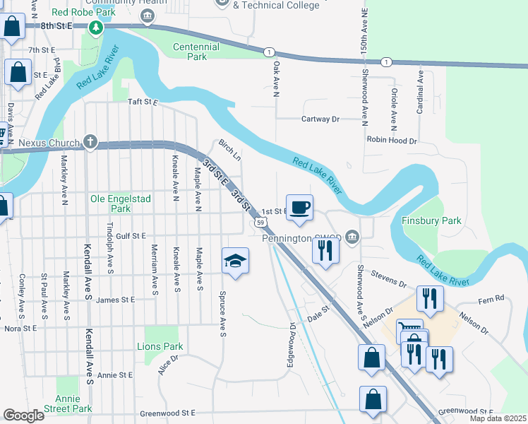 map of restaurants, bars, coffee shops, grocery stores, and more near 102 South Pine Avenue in Thief River Falls