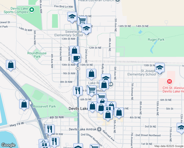 map of restaurants, bars, coffee shops, grocery stores, and more near 824 2nd Avenue Northeast in Devils Lake