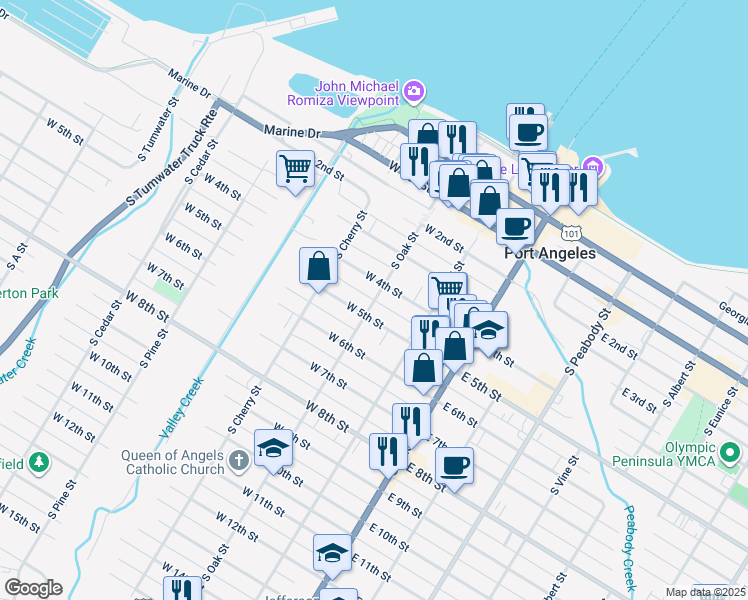 map of restaurants, bars, coffee shops, grocery stores, and more near 449 South Oak Street in Port Angeles