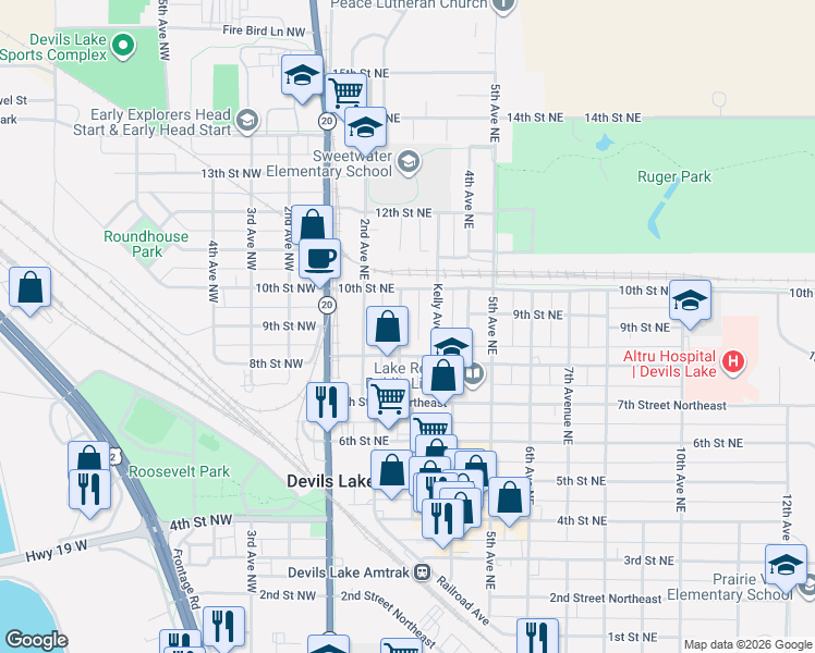 map of restaurants, bars, coffee shops, grocery stores, and more near 820 3rd Avenue in Devils Lake