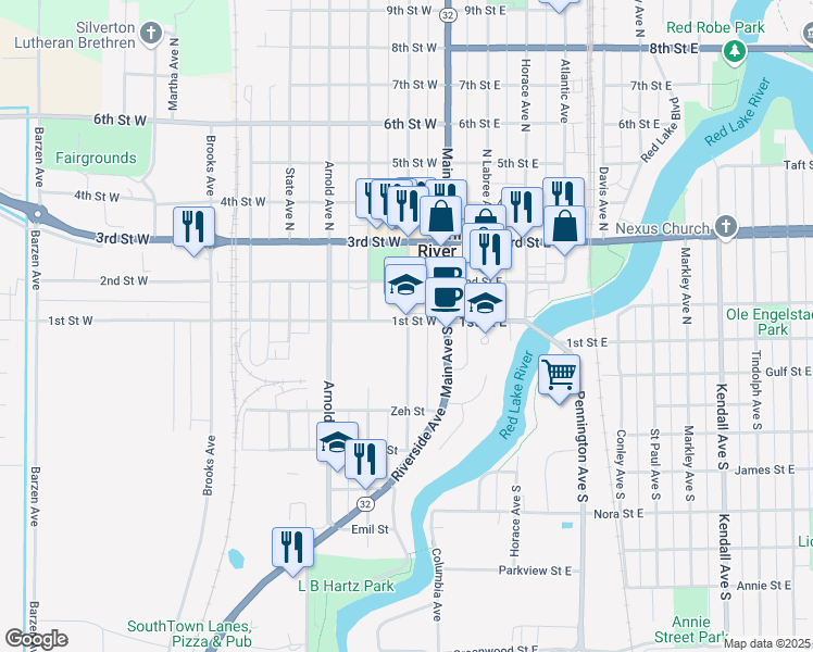 map of restaurants, bars, coffee shops, grocery stores, and more near 101 Knight Avenue South in Thief River Falls