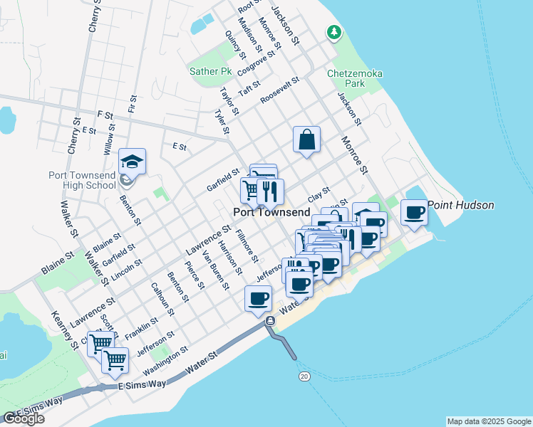 map of restaurants, bars, coffee shops, grocery stores, and more near 1031 Lawrence Street in Port Townsend