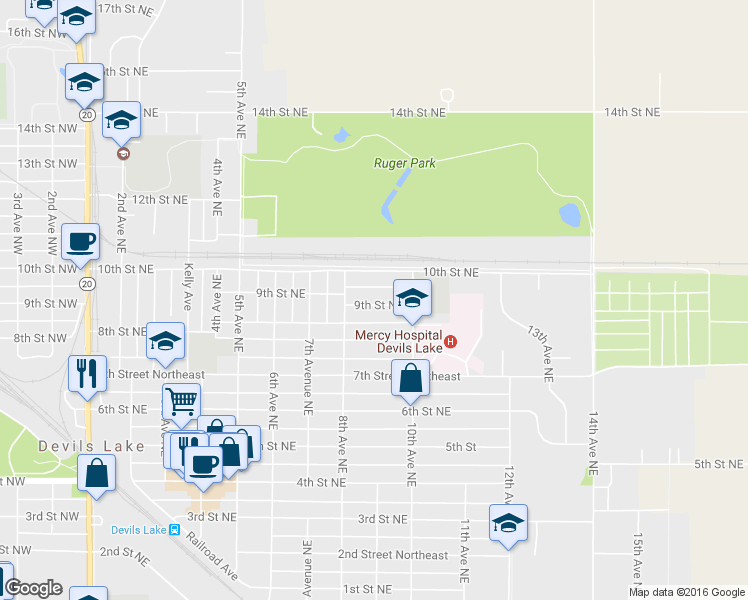 map of restaurants, bars, coffee shops, grocery stores, and more near 825 9th Street Northeast in Devils Lake