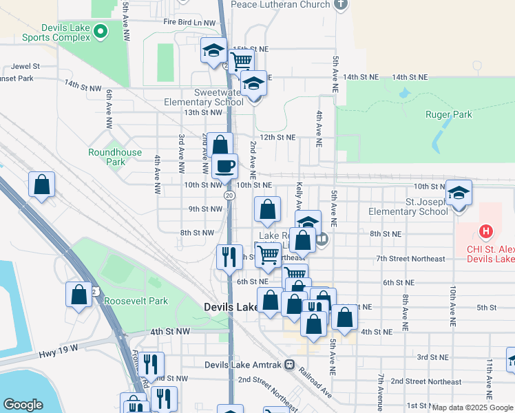 map of restaurants, bars, coffee shops, grocery stores, and more near 824 2nd Avenue Northeast in Devils Lake