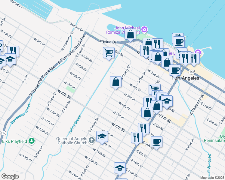 map of restaurants, bars, coffee shops, grocery stores, and more near 502 South Cherry Street in Port Angeles