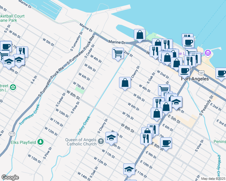 map of restaurants, bars, coffee shops, grocery stores, and more near 319 W 6th St in Port Angeles