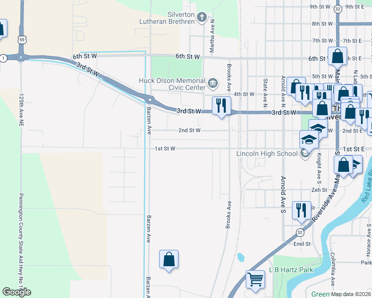 map of restaurants, bars, coffee shops, grocery stores, and more near 923 1st Street West in Thief River Falls