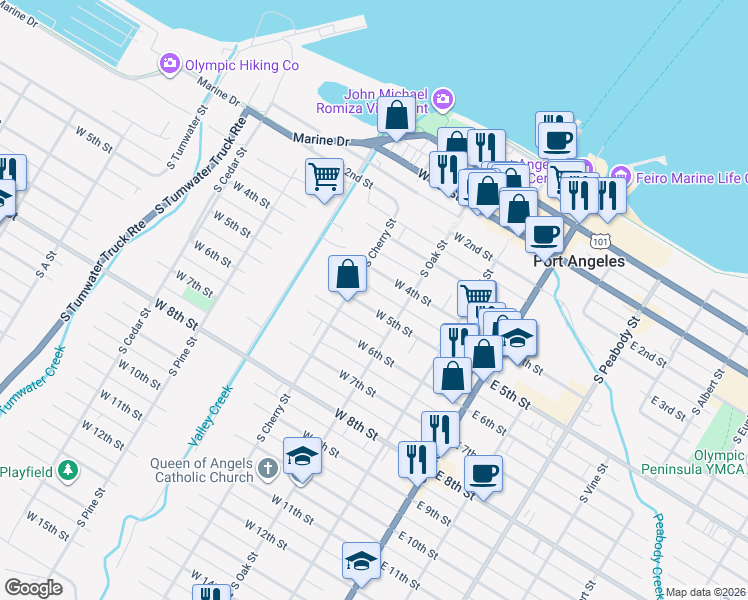 map of restaurants, bars, coffee shops, grocery stores, and more near 221 West 5th Street in Port Angeles
