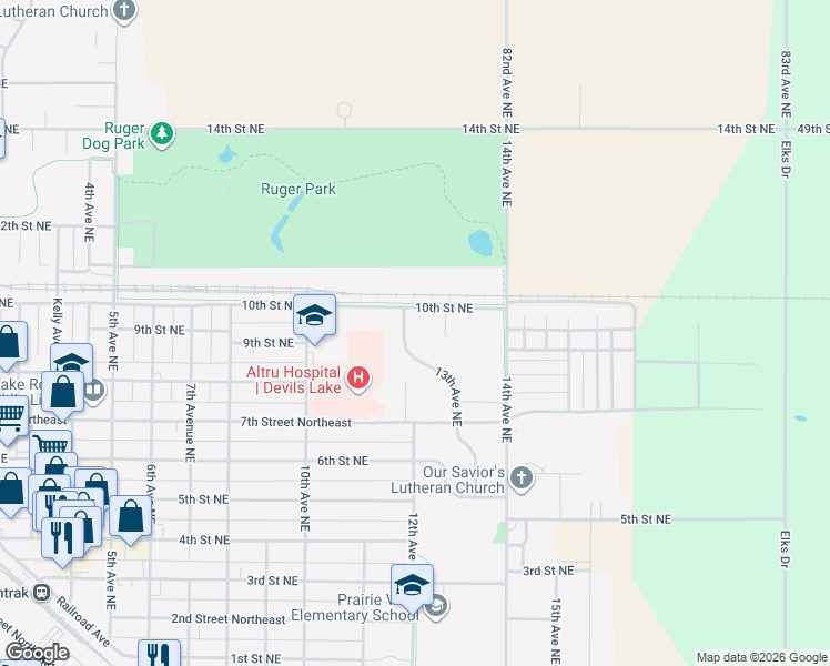 map of restaurants, bars, coffee shops, grocery stores, and more near 722-998 13th Avenue Northeast in Devils Lake