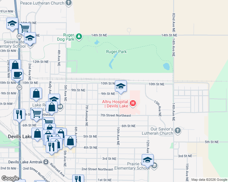 map of restaurants, bars, coffee shops, grocery stores, and more near 900-922 10th Avenue Northeast in Devils Lake