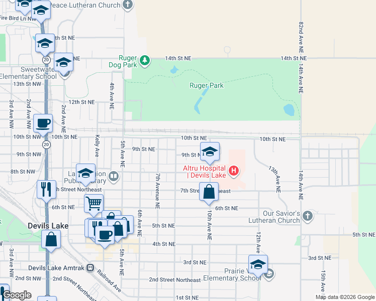 map of restaurants, bars, coffee shops, grocery stores, and more near 825 9th Street Northeast in Devils Lake