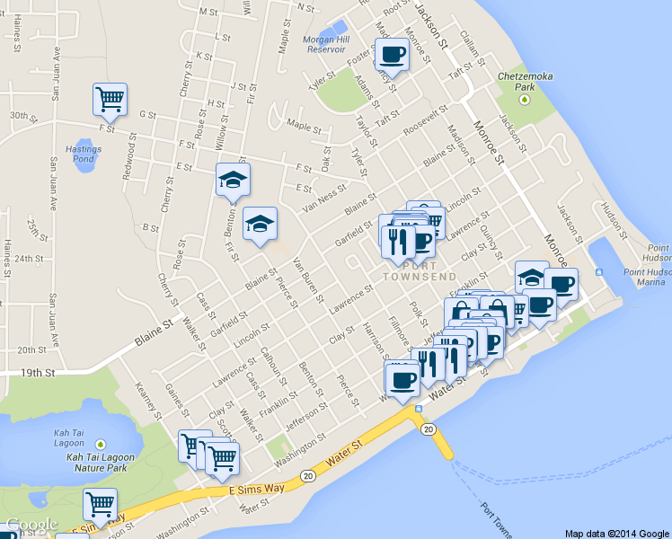 map of restaurants, bars, coffee shops, grocery stores, and more near 818 Harrison Street in Port Townsend