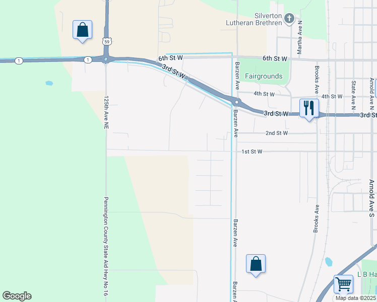map of restaurants, bars, coffee shops, grocery stores, and more near 210 Ruby Avenue in Thief River Falls