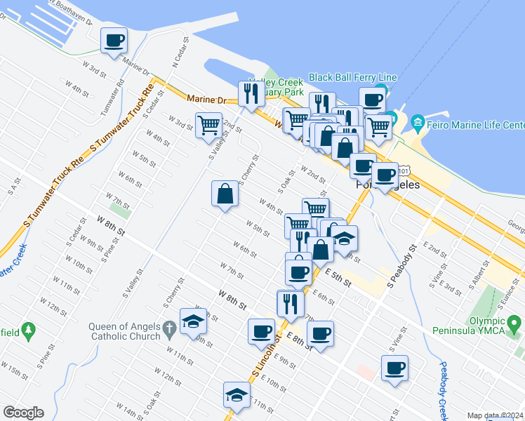 map of restaurants, bars, coffee shops, grocery stores, and more near 401-449 S Oak St in Port Angeles