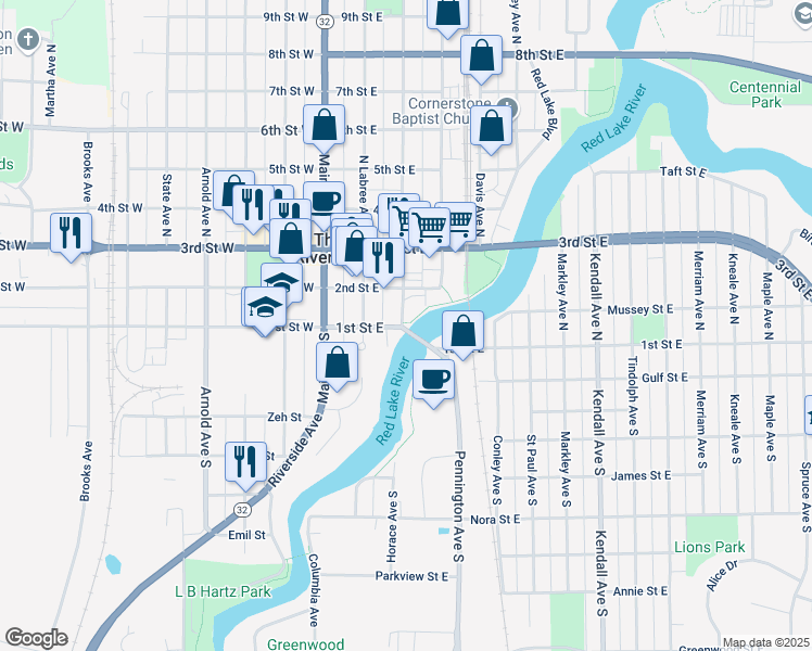 map of restaurants, bars, coffee shops, grocery stores, and more near 323 1st Street East in Thief River Falls