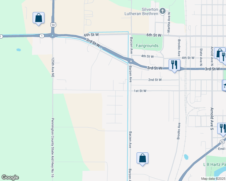map of restaurants, bars, coffee shops, grocery stores, and more near 1223 Sunset Street in Thief River Falls