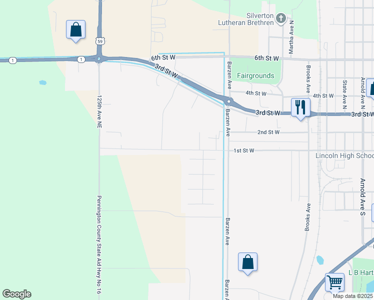 map of restaurants, bars, coffee shops, grocery stores, and more near 1223 Sunset Street in Thief River Falls