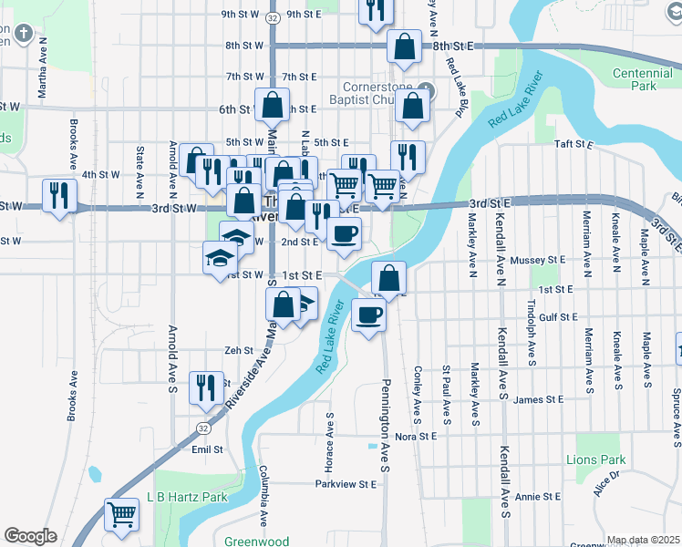 map of restaurants, bars, coffee shops, grocery stores, and more near 323 1st Street East in Thief River Falls