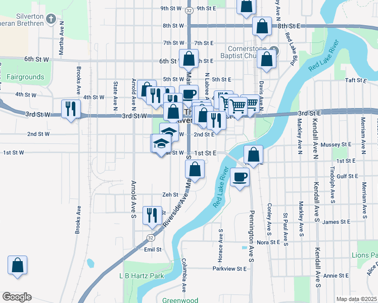 map of restaurants, bars, coffee shops, grocery stores, and more near 102 Main Avenue North in Thief River Falls