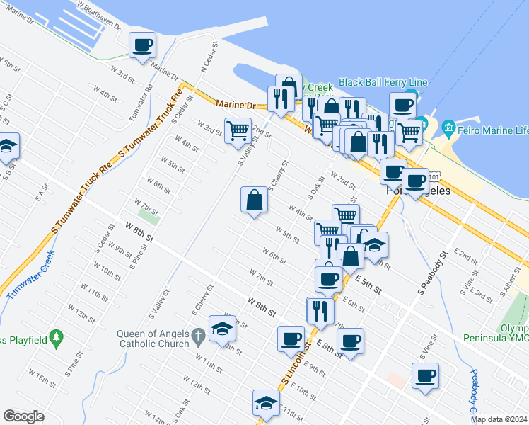 map of restaurants, bars, coffee shops, grocery stores, and more near 221 West 5th Street in Port Angeles