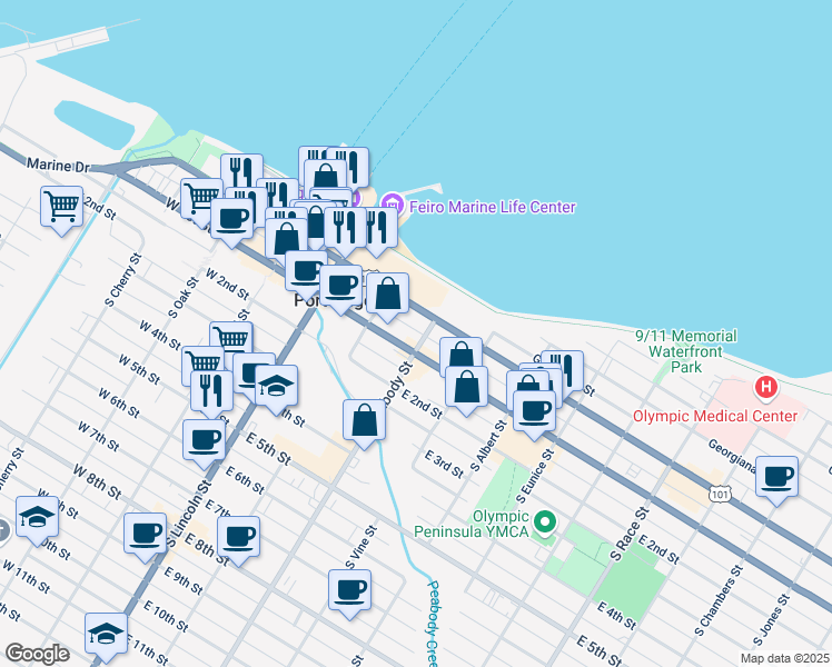 map of restaurants, bars, coffee shops, grocery stores, and more near 401 East 1st Street in Port Angeles