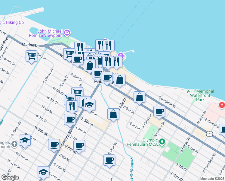 map of restaurants, bars, coffee shops, grocery stores, and more near 101-199 South Chase Street in Port Angeles