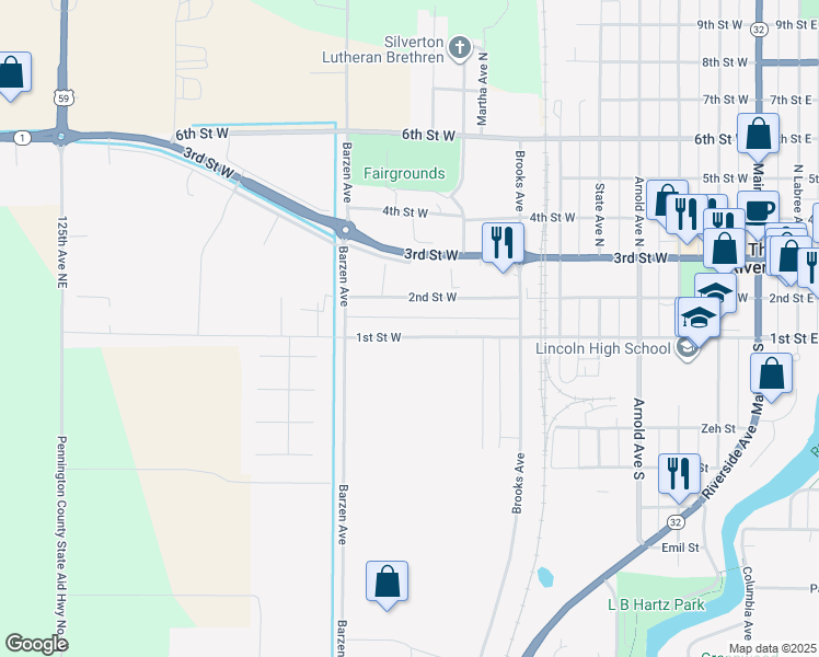 map of restaurants, bars, coffee shops, grocery stores, and more near 923 1st Street West in Thief River Falls