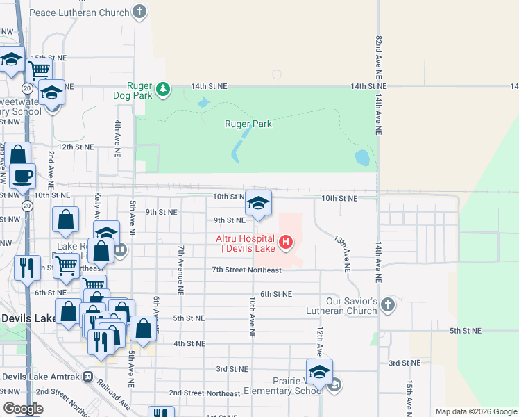 map of restaurants, bars, coffee shops, grocery stores, and more near 900 10th Avenue Northeast in Devils Lake