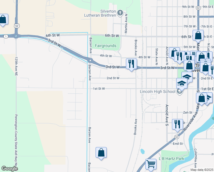 map of restaurants, bars, coffee shops, grocery stores, and more near 923 1st Street West in Thief River Falls