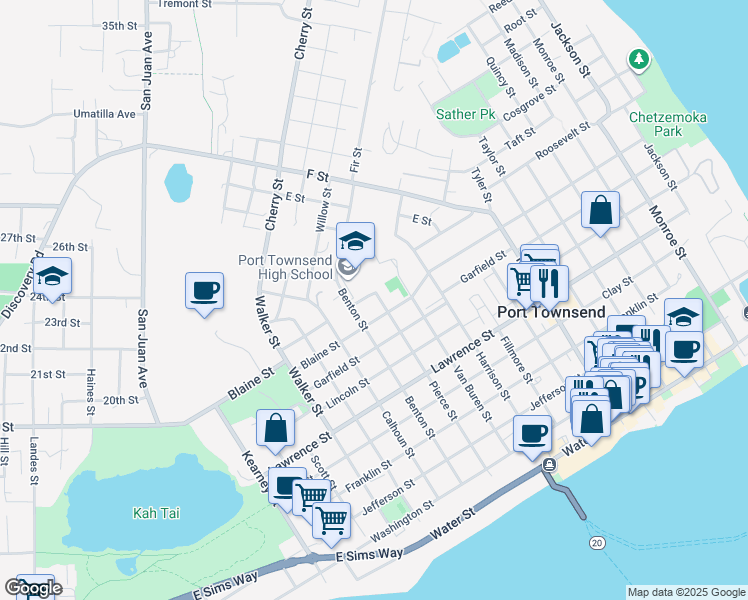 map of restaurants, bars, coffee shops, grocery stores, and more near 1033 Pierce Street in Port Townsend